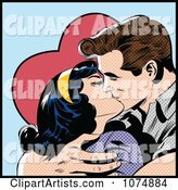 Retro Pop Art Couple Kissing and Holding Each Other Tight over a Heart
