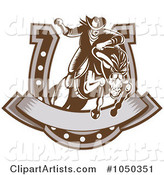 Retro Rodeo Cowboy and Horse Leaping Through a Horseshoe Banner