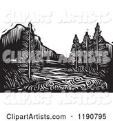 River Mountain and Evergreen Landscape Black and White Woodcut