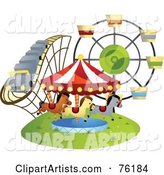 Roller Coaster, Carousel and Ferris Wheel at a County Fair or Amusement Park