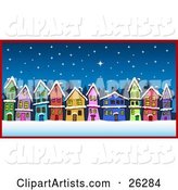 Row of Colorful Green, Pink, Blue, Orange, Yellow, Red and Purple Houses on a Street Under a Snowy Winter Night