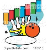 Royalty-Free (RF) Clipart Illustration of an Orange Bowling Ball Knocking over Pins, with Text Rectangles and an Oval