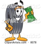 Rubber Tire Mascot Cartoon Character Holding a Dollar Bill
