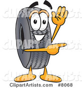 Rubber Tire Mascot Cartoon Character Waving and Pointing