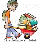 Sad School Boy Pushing Tons of Books in a Wheelbarrow