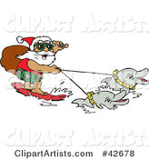 Santa Carrying His Sack While Surfing and Holding Reins to Dolphins