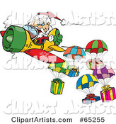 Santa Flying a Plane and Dropping Presents on Parachutes