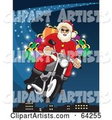 Santa Flying His Motorcycle Through the Blue Christmas Night Sky Above a City