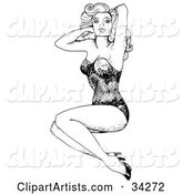 Seductive Black and White Pinup Girl Holding up Her Hair
