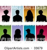 Set of Eight Silhouetted Men and Women on Colorful Backgrounds