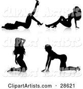 Sexy Black Silhouetted Women, an Exotic Dancer, in High Heels, in Four Different Poses on the Ground