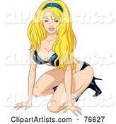 Sexy Blond Kneeling Asian Pinup Woman Boots and Undergarments