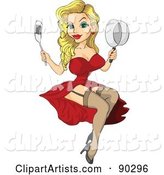 Sexy Blond Pinup Cook in a Red Dress, Holding up a Pot and Spatula