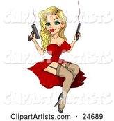 Sexy Blond Pinup Woman in a Red Dress and Leggings, Holding Two Smoking Pistils