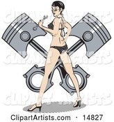 Sexy Brunette Woman in a Black and White Polka Dot Bikini and High Heels, Holding a Wrench and Looking Back While Standing in Front of a Piston