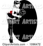 Sexy French Maid Pinup Woman Bending over and Holding a Feather Duster, over a Black Oval
