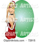 Sexy Nude Pinup Woman Stepping out of Santas Sack, with a Green Sparkly Oval