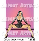 Sexy Pinup Woman in a Black Dress, Sitting with Her Legs Spread Wide
