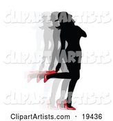 Sexy Silhouetted Woman in a Dress and Hat, Looking Back at Her Red High Heel Shoes