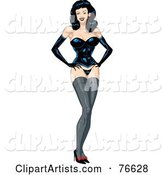 Sexy Standing Pinup Woman in Heels, Stockings and Leather Undergarments