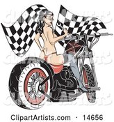 Sexy Topless Brunette Woman in a Red Thong, Stockings and Heels, Looking Back over Her Shoulder and Holding a Wrench While Sitting on a Motorcycle and Racing Flags in the Background
