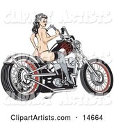 Sexy Topless Brunette Woman in a Red Thong, Stockings and Heels, Looking Back over Her Shoulder and Holding a Wrench While Sitting on a Motorcycle Clipart Illustration