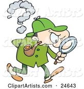 Sherlock Holmes, a Caucasian Man in a Green Hat, Coat and Pants, Smoking a Pipe and Peering Through a Magnifying Glass While Searching for Evidence