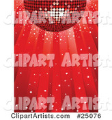 Shiny Red Disco Ball Reflecting Light While Spinning over a Red Background with Confetti