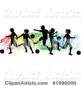 Silhouetted Children Playing Soccer over Colorful Scribbles