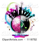 Silhouetted Dancers on a Half Disco Ball and Record Album with Music Notes