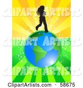 Silhouetted Girl Running over Earth, on a Bursting Green and Orange Background