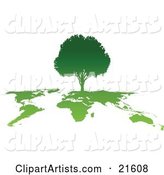 Silhouetted Gradient Green Tree Growing on Top of a World Map