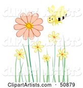 Single Happy Bee Flying over Pastel Flowers