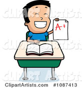 Smart School Boy Sitting at a Desk with an a Plus Report Card