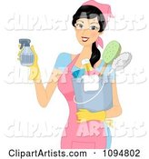 Smiling Woman Holding a Spray Bottle and Spring Cleaning Supplies