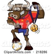 Spanish Soccer Bull Resting His Foot on a Ball and Holding up a Medal