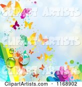 Spring Time Rainbow Dew Butterfly Background over Blue 2