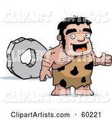 Stalky Caveman Character Standing by a Rock Wheel