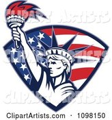Statue of Liberty Holding up a Torch in an American Flag Shield