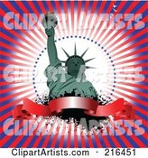 Statue of Liberty over a Blank Banner with Black Grunge on a Burst
