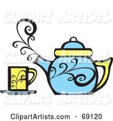 Steamy Blue Tea Pot by a Yellow Cup