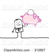 Stick Businessman Holding up a Piggy Bank