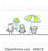 Stick People Character Kids with Shades, Ice Cream and an Umbrella on a Beach