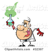 Stubbly Male Caucasian Mad Scientist Holding up a Green Potion in a Flask