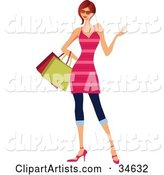 Stylish Caucasian Red Haired Woman in a Pink Striped Dress, Carrying Shopping Bags