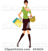 Stylish Caucasian Woman with Black Hair, Dressed in Boots, a Skirt and Green Top, Carrying Shopping Bags and a Purse