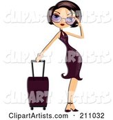 Stylish Woman Adjusting Her Shades and Standing by Her Rolling Suitcase