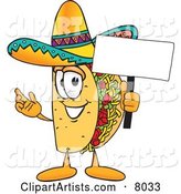 Taco Mascot Cartoon Character Holding a Blank Sign