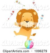 Talented Circus Lion Juggling Pins and Standing on a Ball