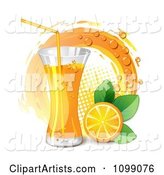 Tall Glass of Orange Juice with a Slice Leaves and Circle